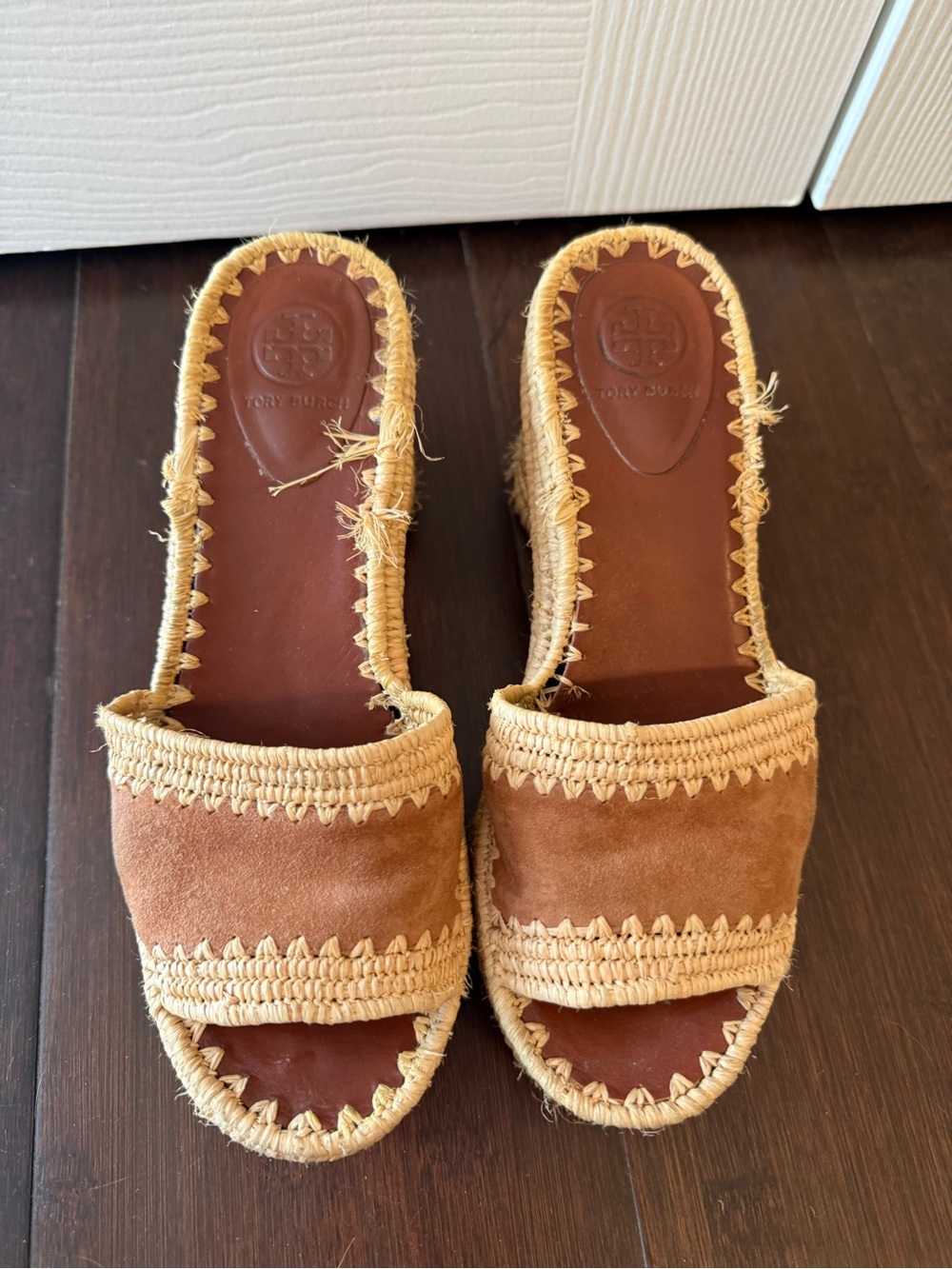 Tory Burch Tan Suede and Natural Raffia Espadrille Slides